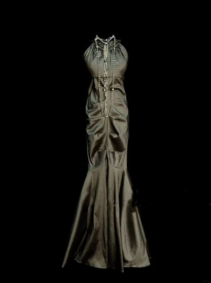 Idées de robes de bal longues en satin vert satiné, col montant et coupe sirène, avec plis, pour femmes - OB013