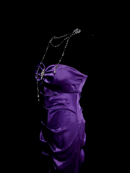 Ideen für ein schlichtes, langes, gerafftes Meerjungfrauen-Abendkleid aus Satin in Traubenfarbe mit plissiertem, formellem Look für Damen (OB018)