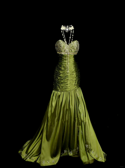 Robe de bal longue sirène élégante en taffetas vert olive ornée de perles, robe de soirée tendance pour femme OB020