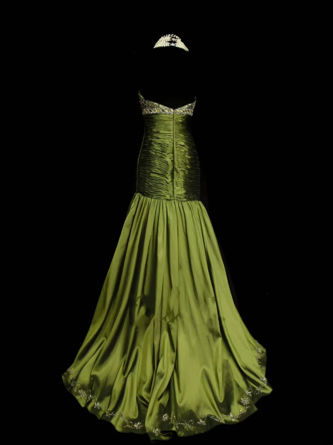 Robe de bal longue sirène élégante en taffetas vert olive ornée de perles, robe de soirée tendance pour femme OB020
