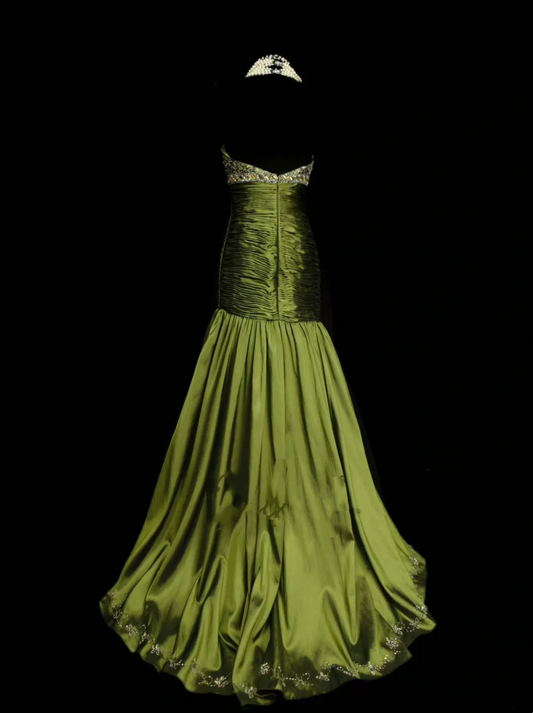 Robe de bal longue sirène élégante en taffetas vert olive ornée de perles, robe de soirée tendance pour femme OB020