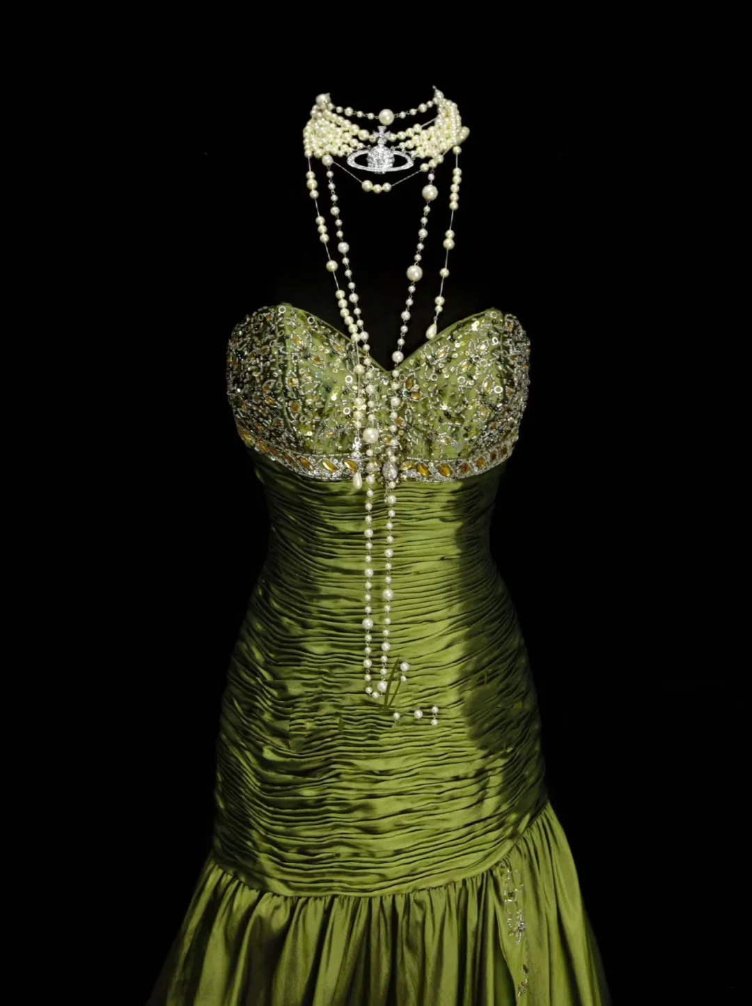 Robe de bal longue sirène élégante en taffetas vert olive ornée de perles, robe de soirée tendance pour femme OB020