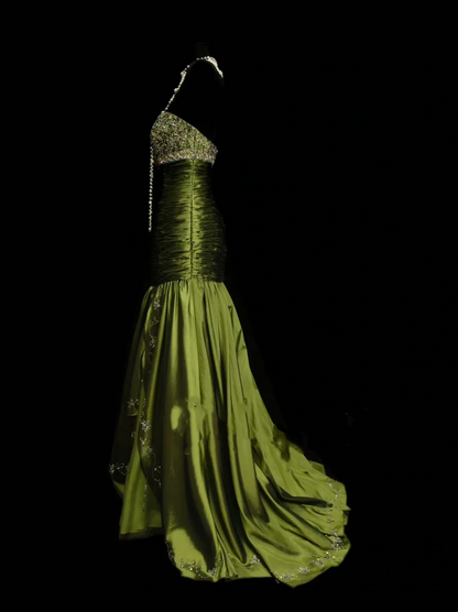 Robe de bal longue sirène élégante en taffetas vert olive ornée de perles, robe de soirée tendance pour femme OB020