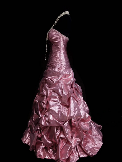 Robe de bal élégante en organza rose à décolleté cœur et perles, longue et superposée, robe de soirée tendance pour femme OB022