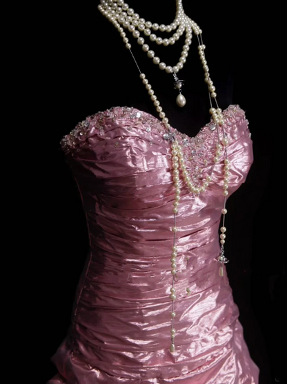 Robe de bal élégante en organza rose à décolleté cœur et perles, longue et superposée, robe de soirée tendance pour femme OB022