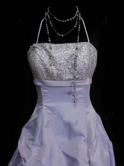 Elegantes Ballkleid mit Neckholder, lila Paillettenoberteil aus Organza mit Perlenstickerei, mehrlagig, langes Abendkleid, trendiges Partykleid für Damen OB023