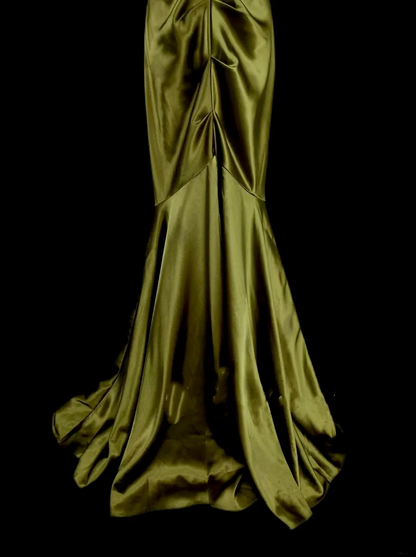 Modest Mermaid One Shoulder Olive Green Ruched Satin Long Prom Dress Ideas With Pleated Formal Party Dress Inspo For Women OB024