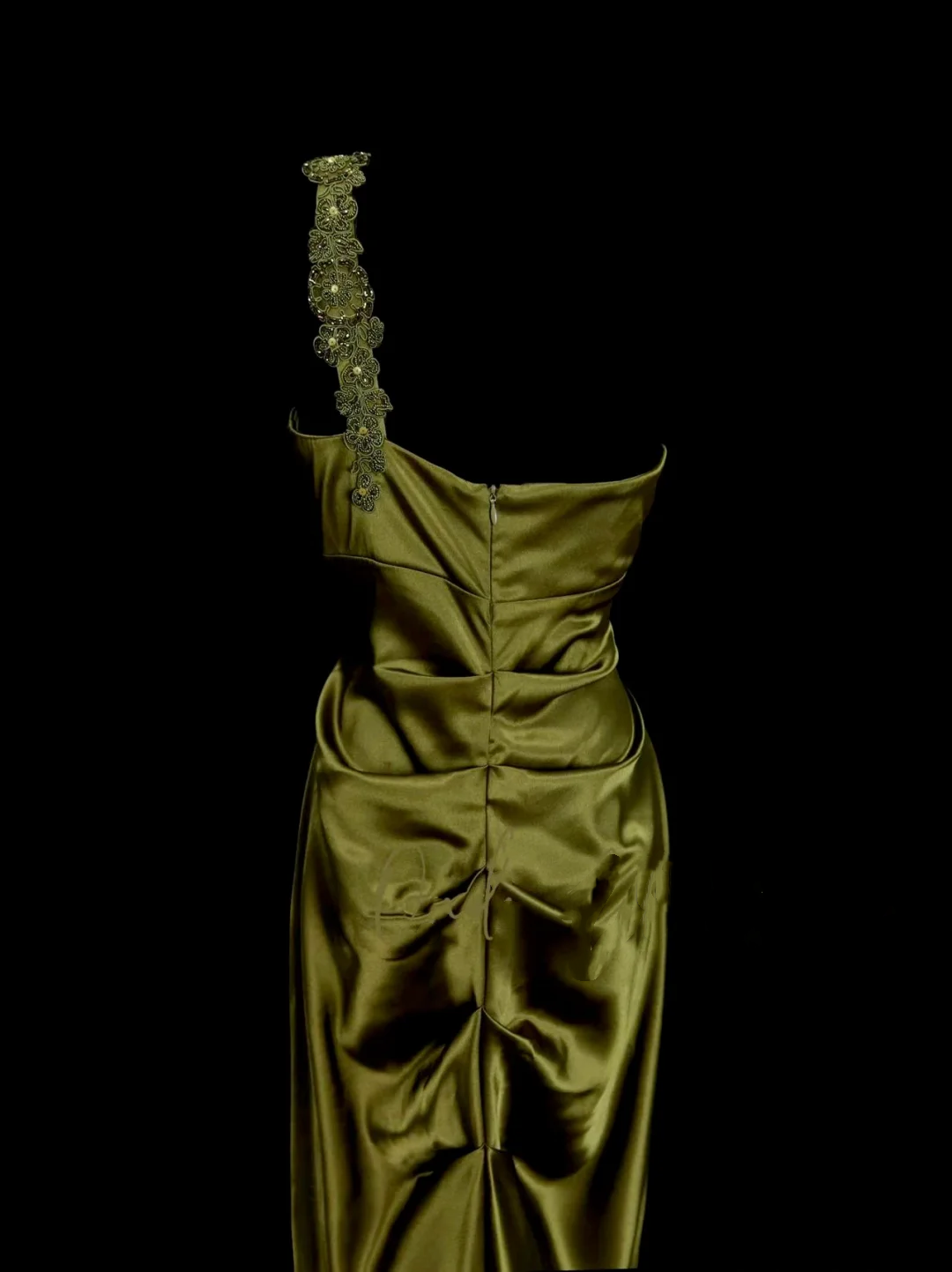 Modest Mermaid One Shoulder Olive Green Ruched Satin Long Prom Dress Ideas With Pleated Formal Party Dress Inspo For Women OB024