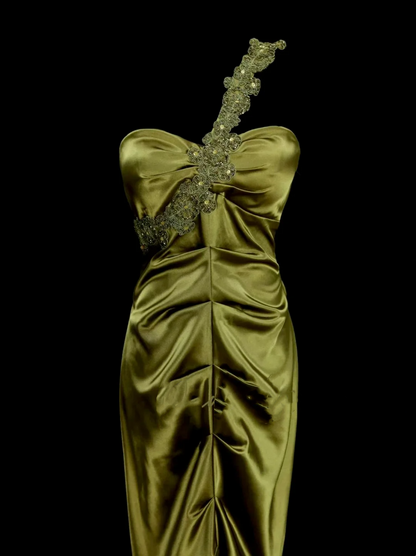 Modest Mermaid One Shoulder Olive Green Ruched Satin Long Prom Dress Ideas With Pleated Formal Party Dress Inspo For Women OB024