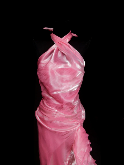 Modest Mermaid Halter Pink Ruched Long Prom Dress Ideas With Pleated Formal Party Dress Inspo For Women OB025
