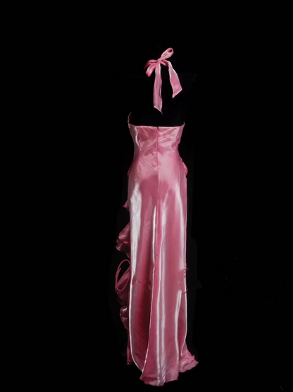 Modest Mermaid Halter Pink Ruched Long Prom Dress Ideas With Pleated Formal Party Dress Inspo For Women OB025