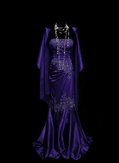 Robe de bal longue sirène bustier élégante en satin violet raisin avec appliques et perles, robe de soirée tendance pour femme OB026