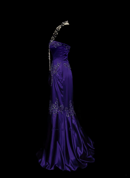 Robe de bal longue sirène bustier élégante en satin violet raisin avec appliques et perles, robe de soirée tendance pour femme OB026