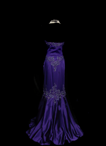 Robe de bal longue sirène bustier élégante en satin violet raisin avec appliques et perles, robe de soirée tendance pour femme OB026