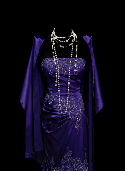 Robe de bal longue sirène bustier élégante en satin violet raisin avec appliques et perles, robe de soirée tendance pour femme OB026