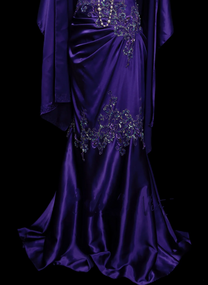 Robe de bal longue sirène bustier élégante en satin violet raisin avec appliques et perles, robe de soirée tendance pour femme OB026