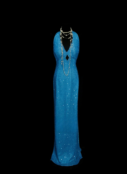 Elegantes, schlichtes Meerjungfrauen-Abendkleid mit Neckholder in Blau, inspiriert von rückenfreiem Pailletten-Stil, beeindruckt durch langes, formelles Abendkleid OB029