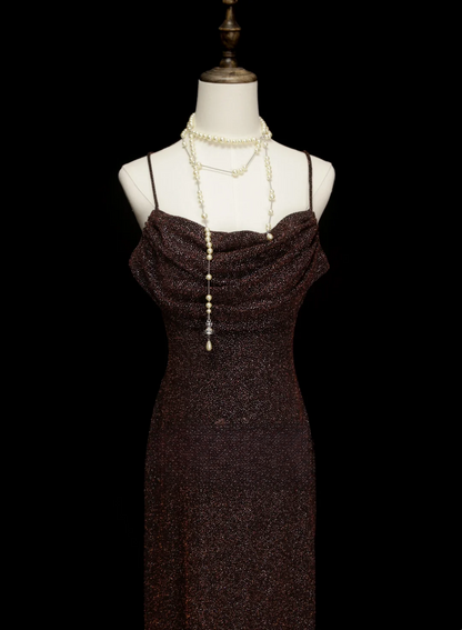Elegantes, formelles A-Linien-Kleid mit Spaghettiträgern, braunem Paillettenbesatz, beeindruckendes langes Ballkleid, Abendkleid OB031