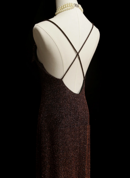 Elegantes, formelles A-Linien-Kleid mit Spaghettiträgern, braunem Paillettenbesatz, beeindruckendes langes Ballkleid, Abendkleid OB031