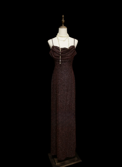 Elegantes, formelles A-Linien-Kleid mit Spaghettiträgern, braunem Paillettenbesatz, beeindruckendes langes Ballkleid, Abendkleid OB031