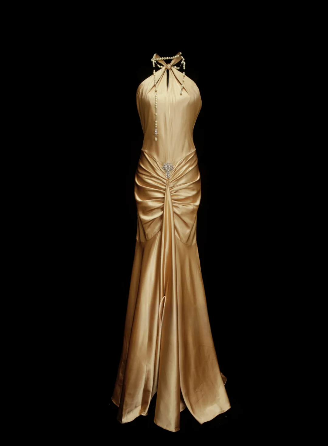 Robe de bal modeste, style sirène, dos nu, satin doré, inspiration dos nu, robe de soirée longue et élégante OB037