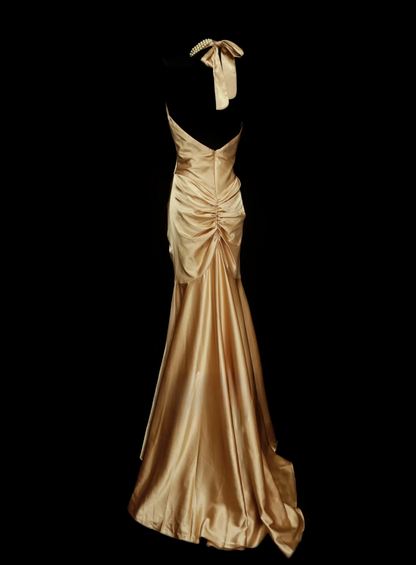Robe de bal modeste, style sirène, dos nu, satin doré, inspiration dos nu, robe de soirée longue et élégante OB037