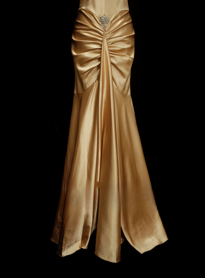 Robe de bal modeste, style sirène, dos nu, satin doré, inspiration dos nu, robe de soirée longue et élégante OB037