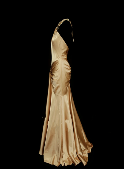 Robe de bal modeste, style sirène, dos nu, satin doré, inspiration dos nu, robe de soirée longue et élégante OB037