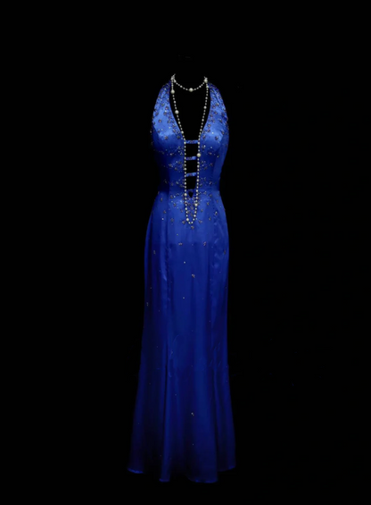 Robe de bal longue sirène dos nu en satin bleu royal - Inspiration tenue de soirée OB039