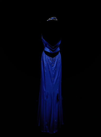 Robe de bal longue sirène dos nu en satin bleu royal - Inspiration tenue de soirée OB039