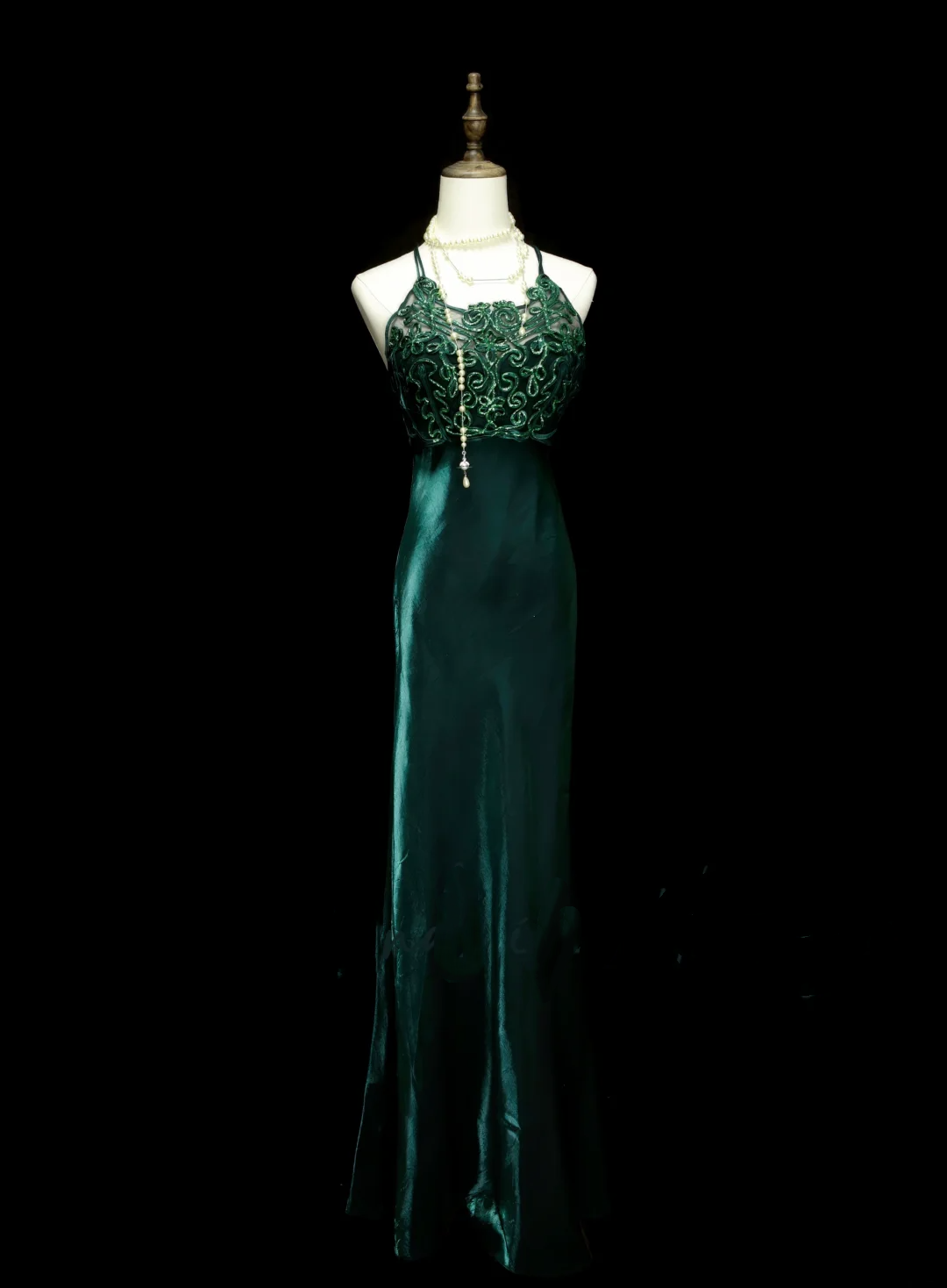 Robe de bal sirène vintage vert foncé, longue, style années 70, inspiration robe de soirée OB039