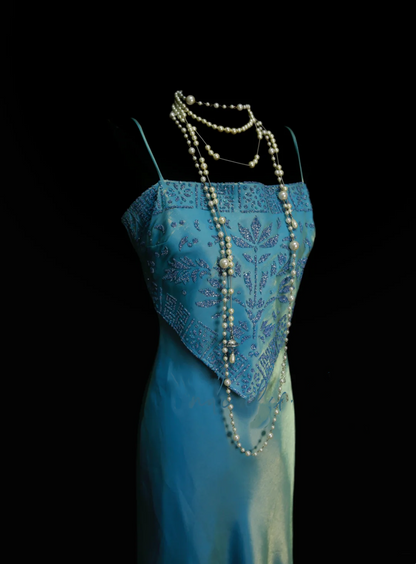Robe de bal sirène vintage deux pièces bleue à fines bretelles, style années 70, inspiration tenue de soirée OB040