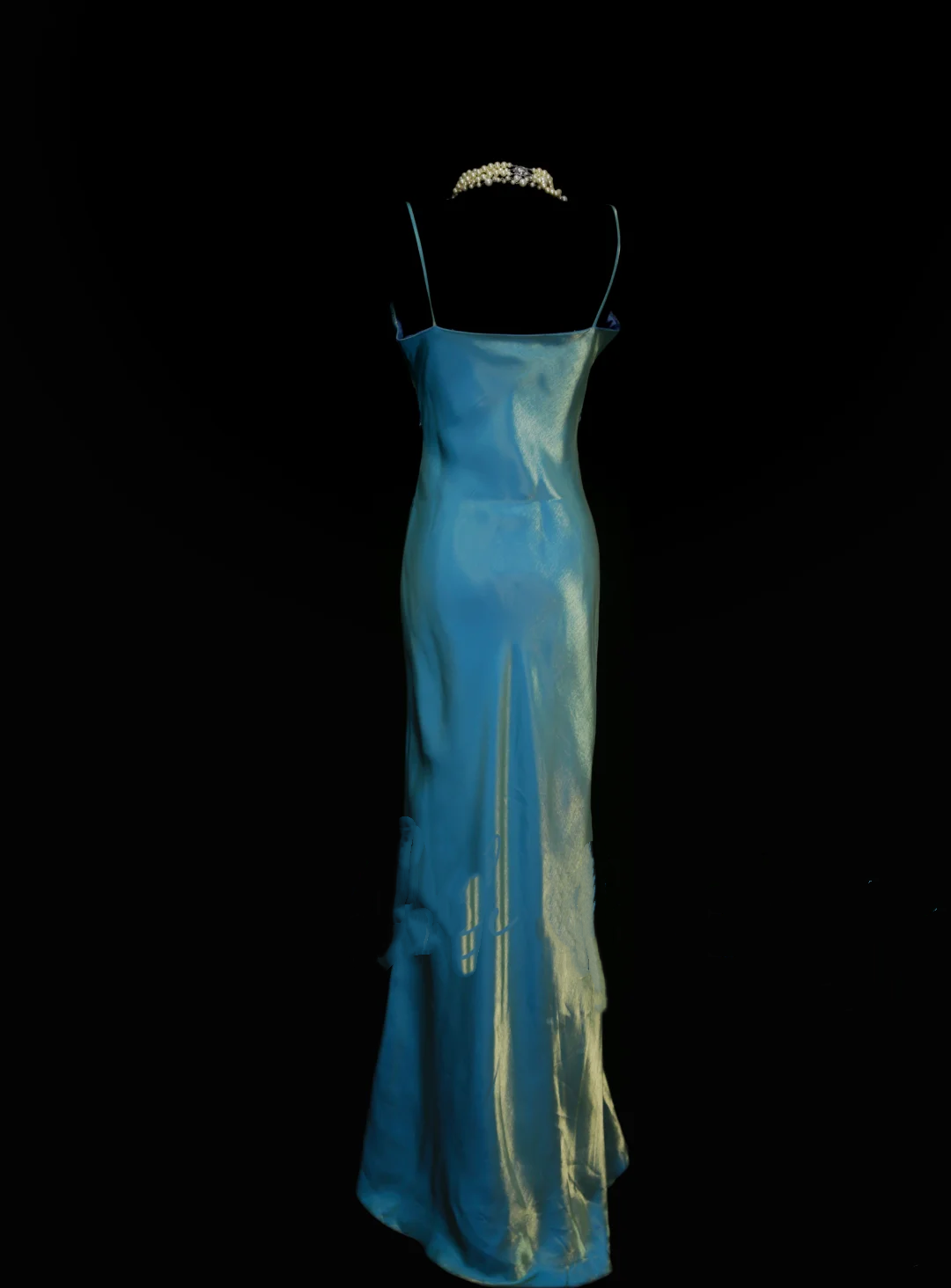 Robe de bal sirène vintage deux pièces bleue à fines bretelles, style années 70, inspiration tenue de soirée OB040