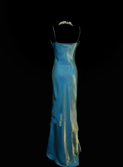Robe de bal sirène vintage deux pièces bleue à fines bretelles, style années 70, inspiration tenue de soirée OB040