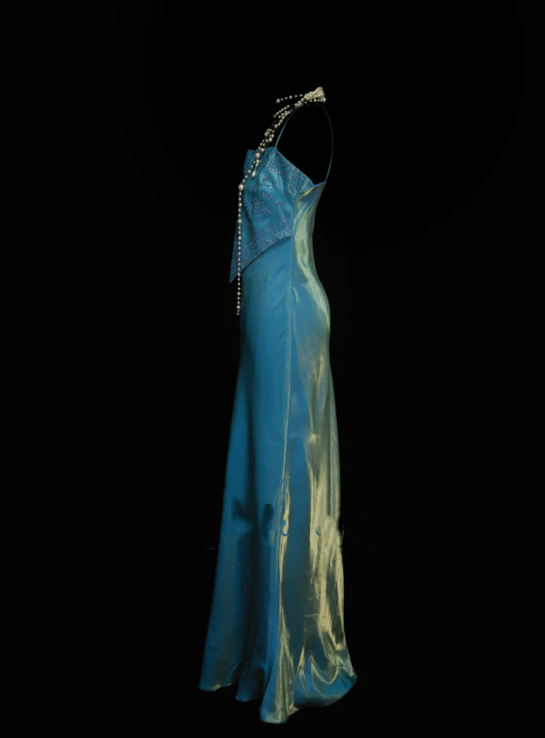 Robe de bal sirène vintage deux pièces bleue à fines bretelles, style années 70, inspiration tenue de soirée OB040