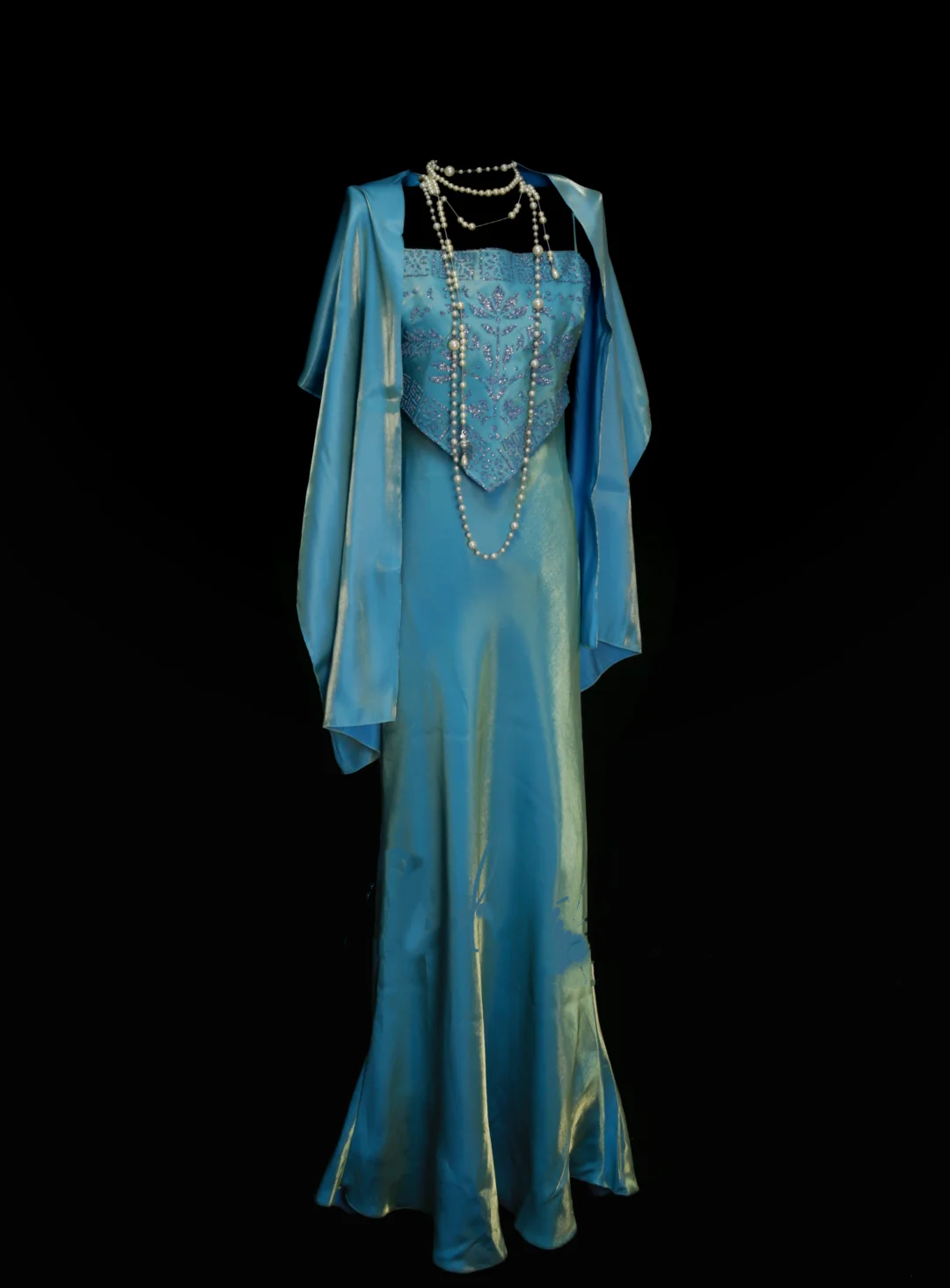Robe de bal sirène vintage deux pièces bleue à fines bretelles, style années 70, inspiration tenue de soirée OB040