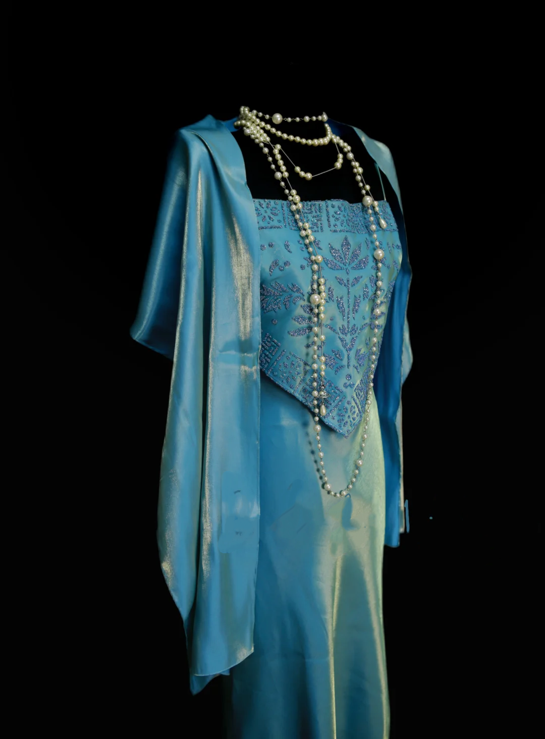Robe de bal sirène vintage deux pièces bleue à fines bretelles, style années 70, inspiration tenue de soirée OB040