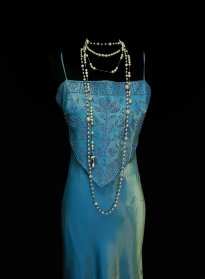 Robe de bal sirène vintage deux pièces bleue à fines bretelles, style années 70, inspiration tenue de soirée OB040