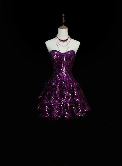Robe de bal scintillante à encolure cœur et sequins raisin, courte, pour un 16e anniversaire, robe de bal de fin d'année de collège, robe de cocktail OB041