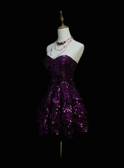Robe de bal scintillante à encolure cœur et sequins raisin, courte, pour un 16e anniversaire, robe de bal de fin d'année de collège, robe de cocktail OB041