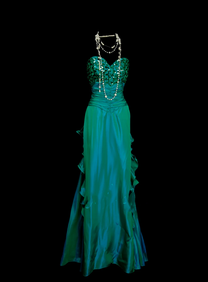 Robe de bal longue chic en satin vert anthracite plissée à sequins, coupe trapèze, bustier cœur, idéale pour une soirée, un 18e anniversaire ou une remise de diplôme (OB045)