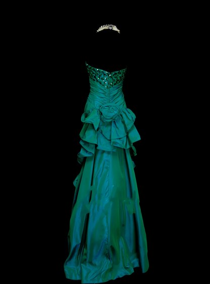 Robe de bal longue chic en satin vert anthracite plissée à sequins, coupe trapèze, bustier cœur, idéale pour une soirée, un 18e anniversaire ou une remise de diplôme (OB045)