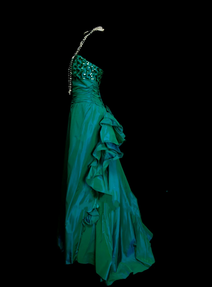 Robe de bal longue chic en satin vert anthracite plissée à sequins, coupe trapèze, bustier cœur, idéale pour une soirée, un 18e anniversaire ou une remise de diplôme (OB045)