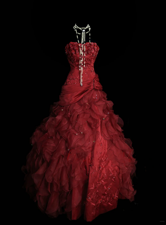 Ball Gown Strapless Burgundy Sleeveless With Applique Women's Dress Satin Long Quinceanera Dresses Sweet 16 Birthday Quince Dress Outfits OB047