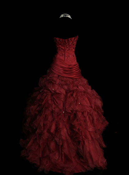 Robe de bal bustier bordeaux sans manches avec appliques, robe longue en satin pour femme, robe de quinceañera pour les 16 ans, tenue de quinceañera OB047