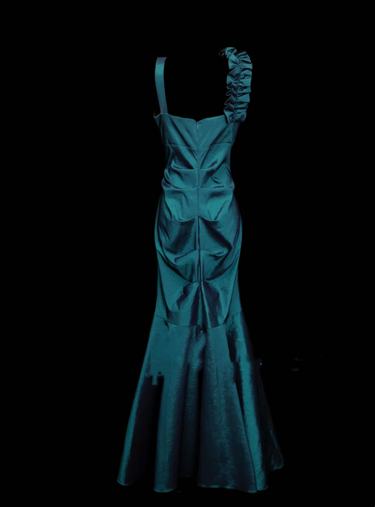 Robe de bal longue plissée en satin bleu sirène à col en V, tenue de soirée, robe de cérémonie OB050