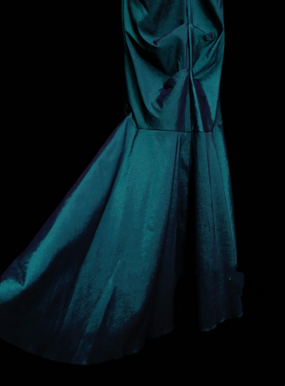 Robe de bal longue plissée en satin bleu sirène à col en V, tenue de soirée, robe de cérémonie OB050