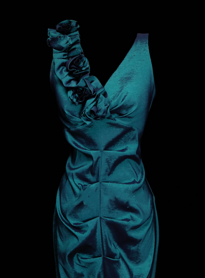 Robe de bal longue plissée en satin bleu sirène à col en V, tenue de soirée, robe de cérémonie OB050