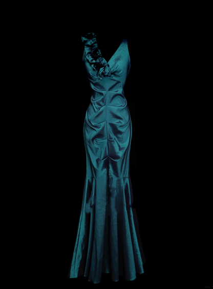 Robe de bal longue plissée en satin bleu sirène à col en V, tenue de soirée, robe de cérémonie OB050