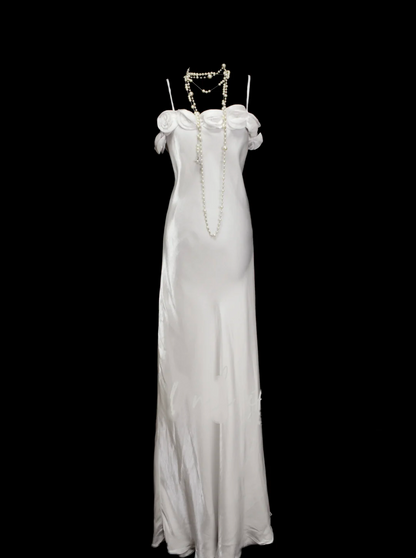 Vintage Fashion Night Aesthetic Mermaid Spaghetti Straps 80s 70s 90s White College Formal Outfit Long Prom Graduation Dresses N1148